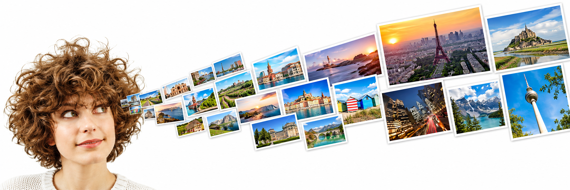Portret cu păr creț și un colaj panoramic de fotografii din destinații europene